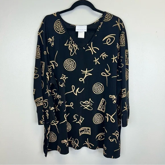 Whimsigoth Boho Black Tan Asian Inspired V-Neck Plus Size 3X Top Work Travel - Picture 2 of 11